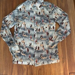 Vintage-Inspired Button-Up Shirt with Figurative Print